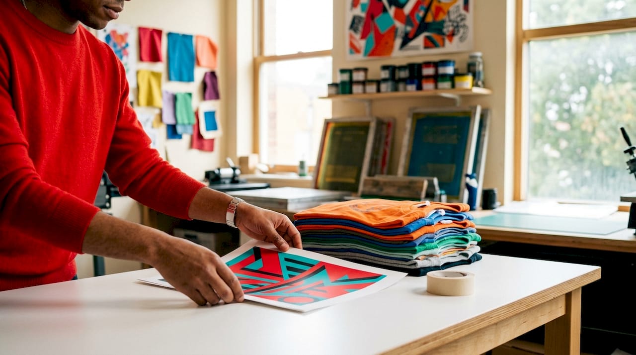 Hands holding artwork and tablet in print shop