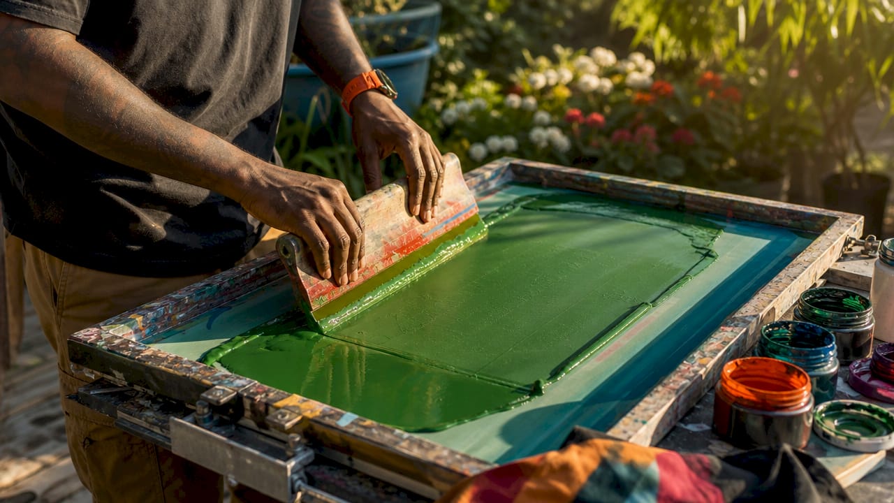 Close-up hands spreading ink with squeegee on screen