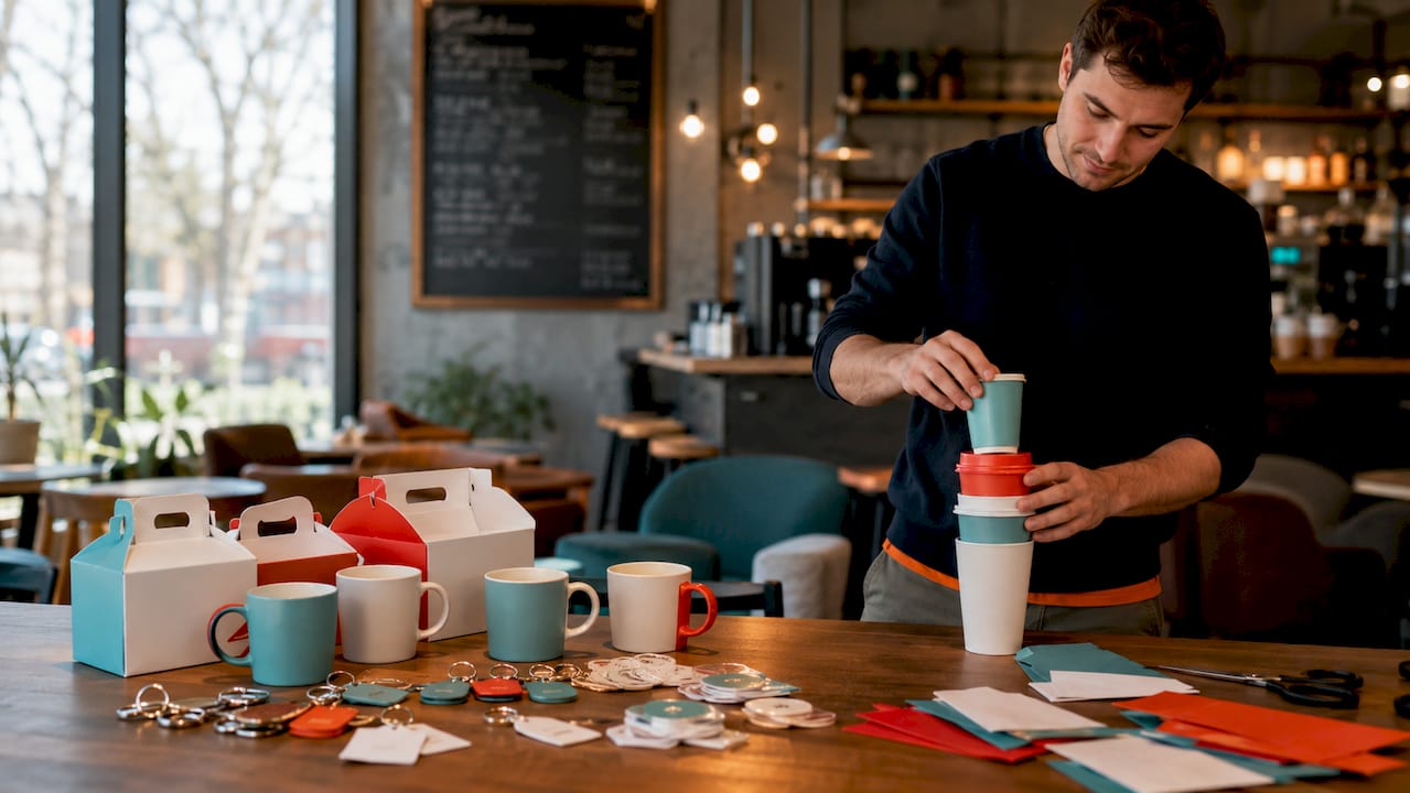Branded packaging and novelty items on restaurant counter