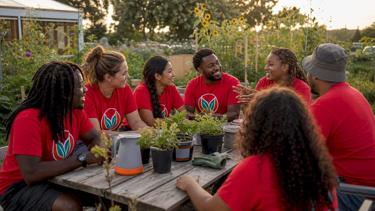 Club members in matching custom t-shirts outdoors