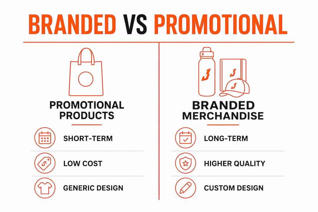 Infographic comparing branded merchandise to promotional products