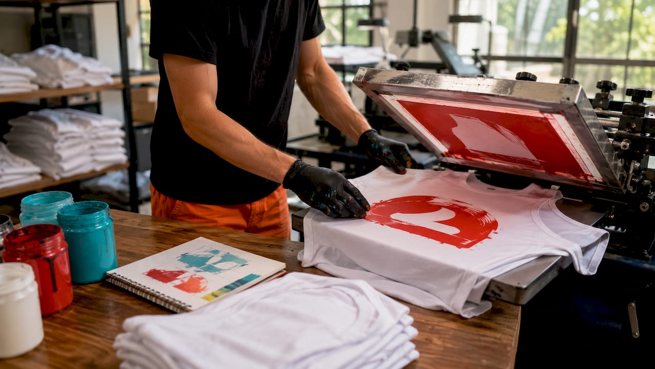 Hands printing logo on t-shirt in production workshop