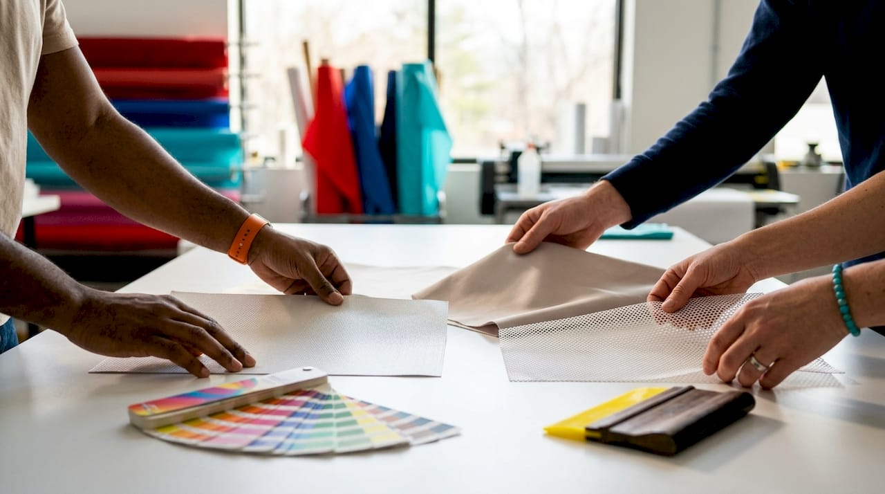 Hands handling banner materials for screen printing