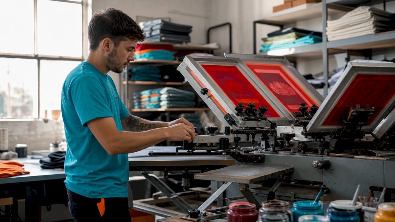 Technician adjusting screen printing machine setup