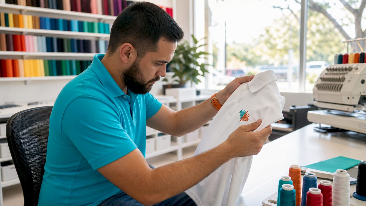 Technician inspecting embroidered polo shirt