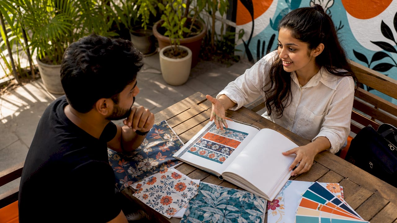 Print consultant and client discussing print proofs