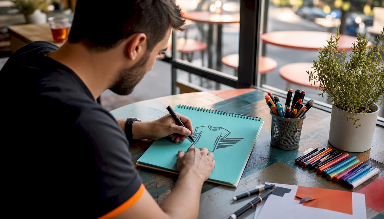 Designer sketching t-shirt logo details