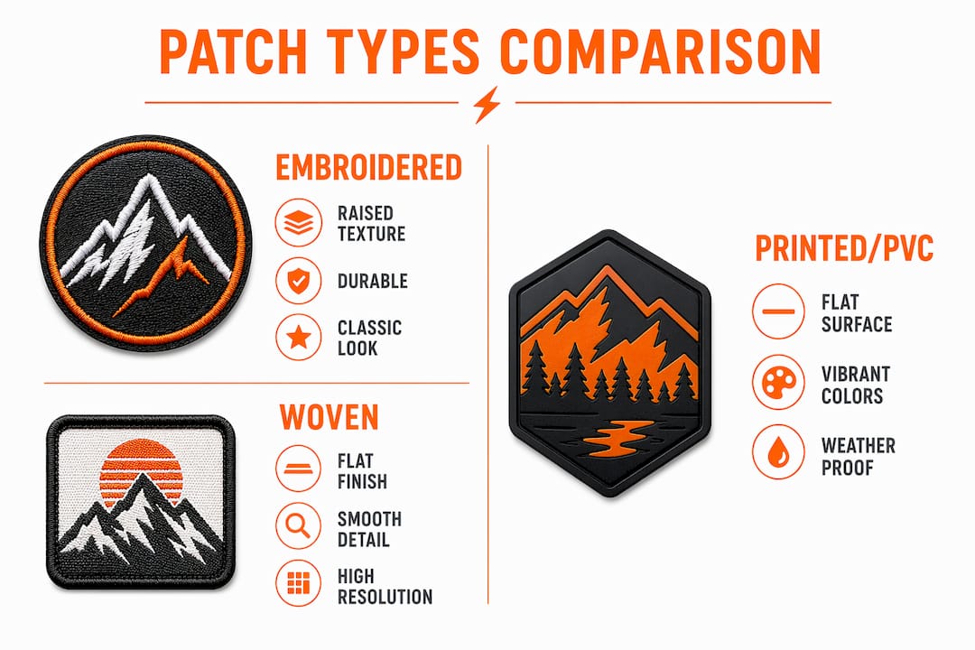 Infographic comparing embroidered, woven, and printed patches