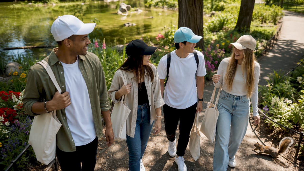 Group wearing custom branded hats outdoors