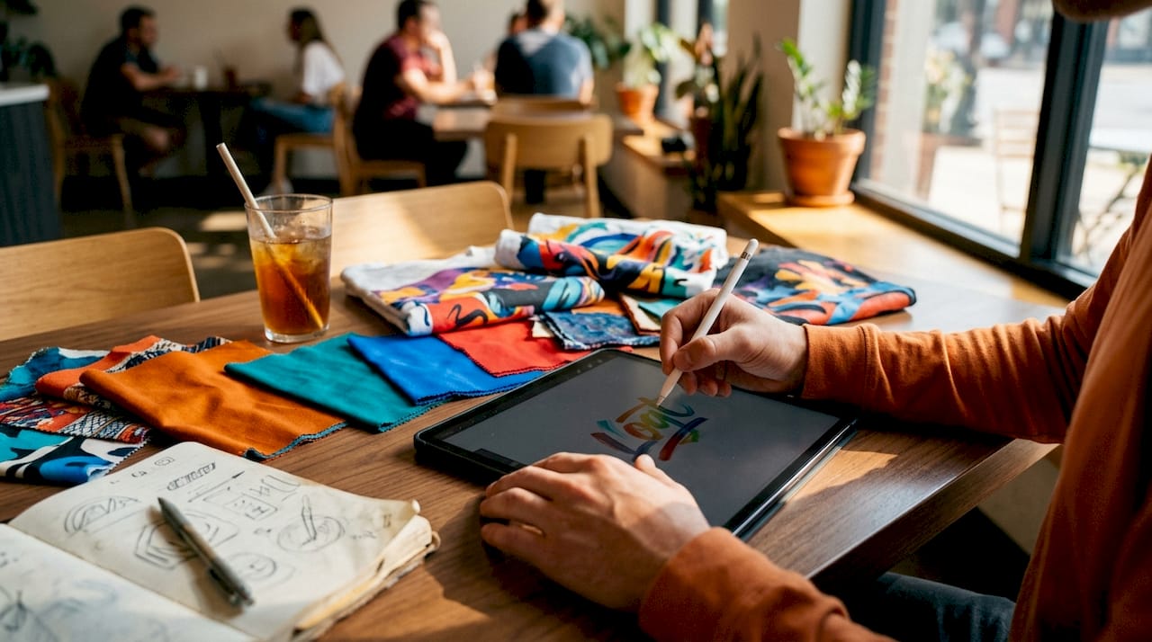 Designer updating branded apparel logo artwork