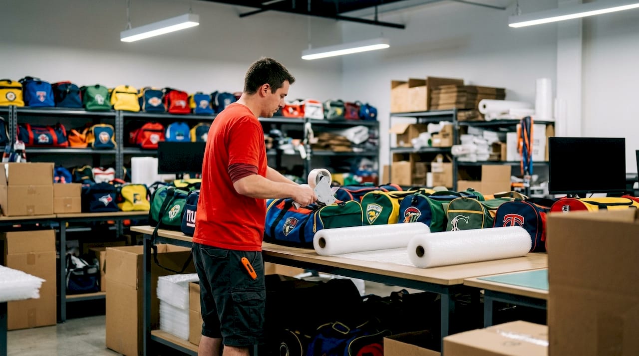 Hands packing custom duffel bags in warehouse