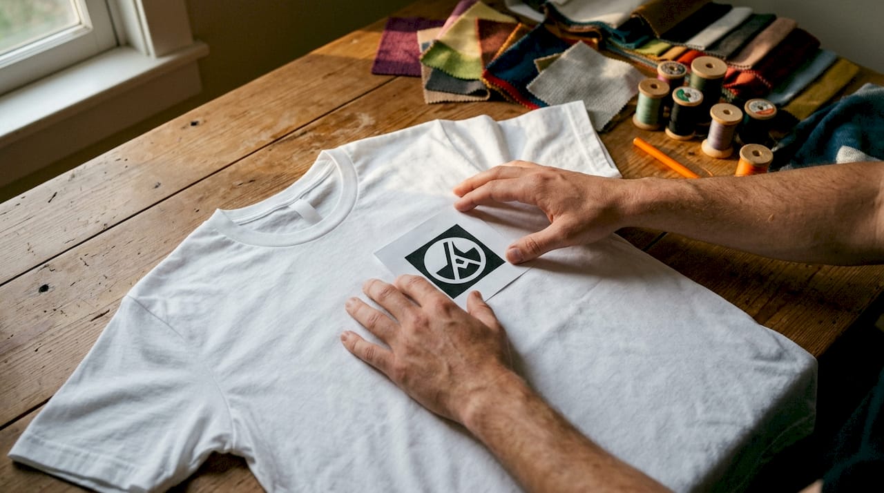 Hands adjusting logo placement on shirt mockup
