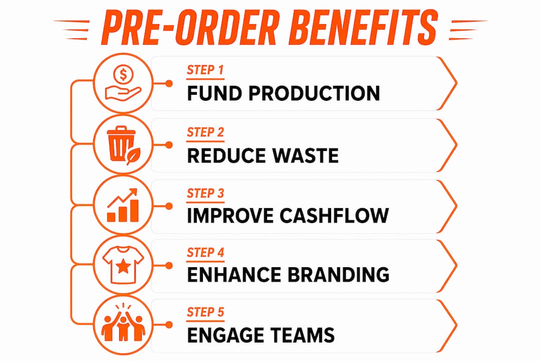 Infographic illustrating five key benefits of apparel pre-ordering