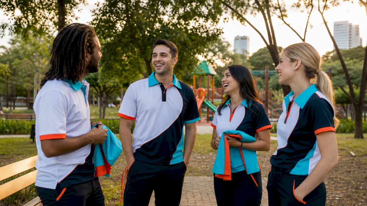 Team in matching custom uniforms outdoors