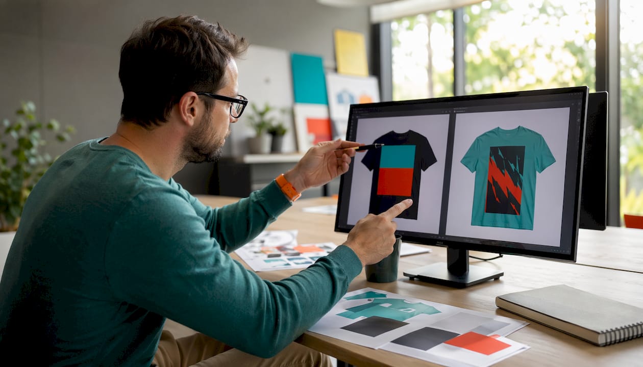 Product manager reviewing digital apparel mockups on screen