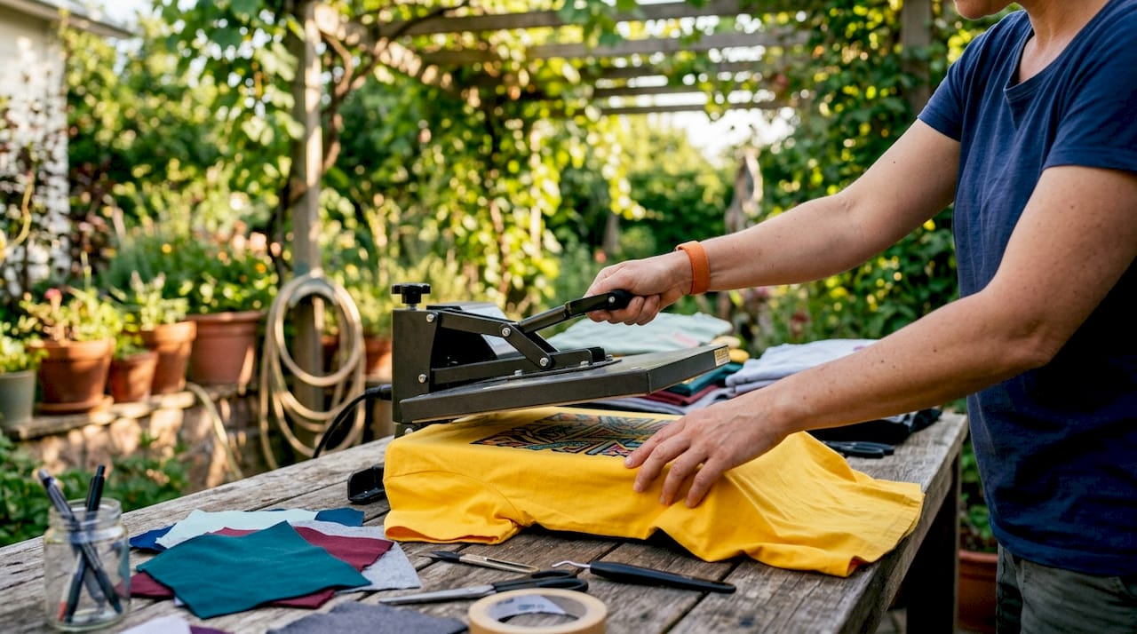 Hands applying digital transfer to t-shirt