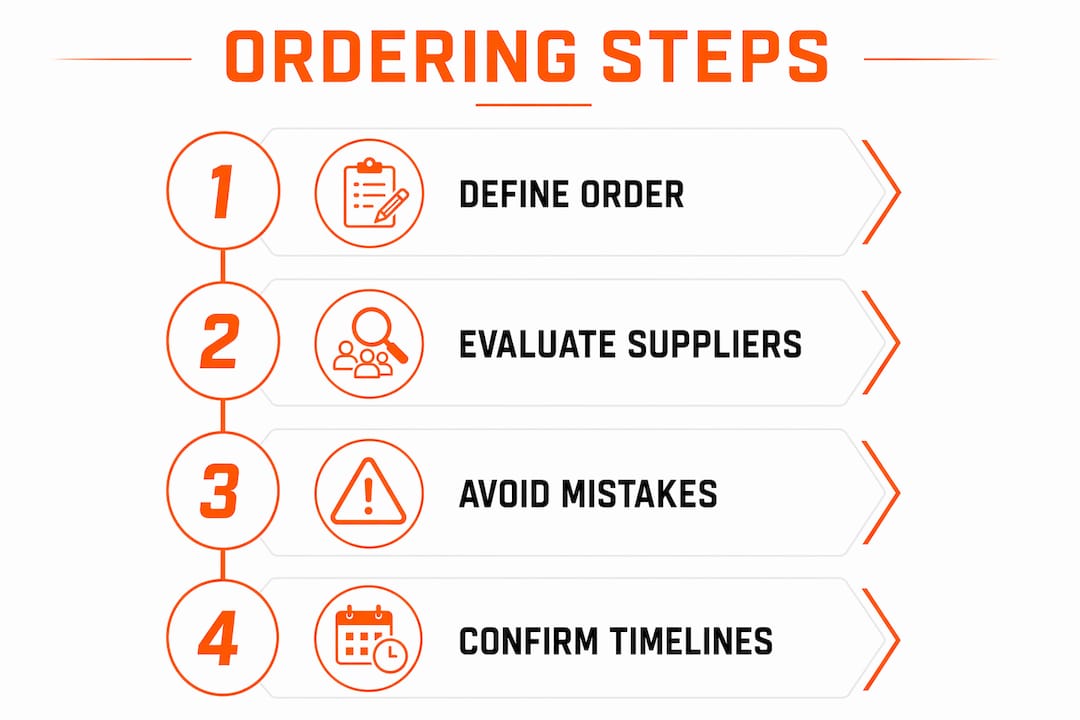 Infographic illustrating key wholesale apparel ordering steps in Illinois