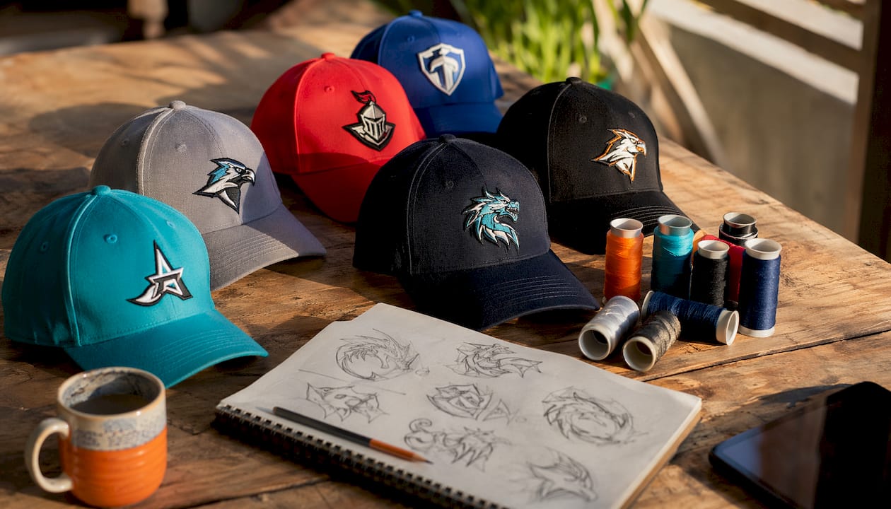 Overhead shot of embroidered youth sports caps on table