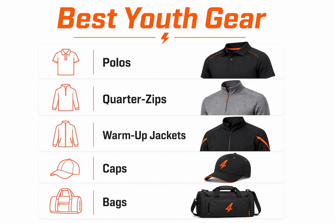 Infographic showing best embroidered youth sports gear types