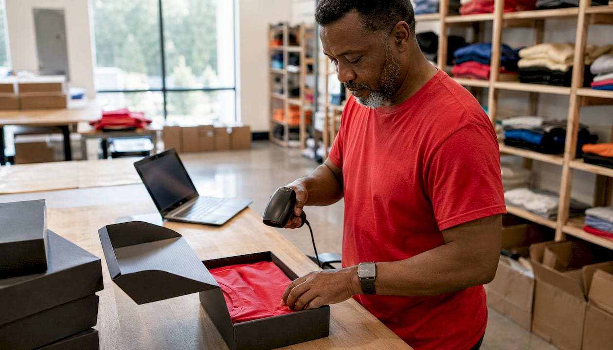 Hands packing fundraising apparel orders in fulfillment room