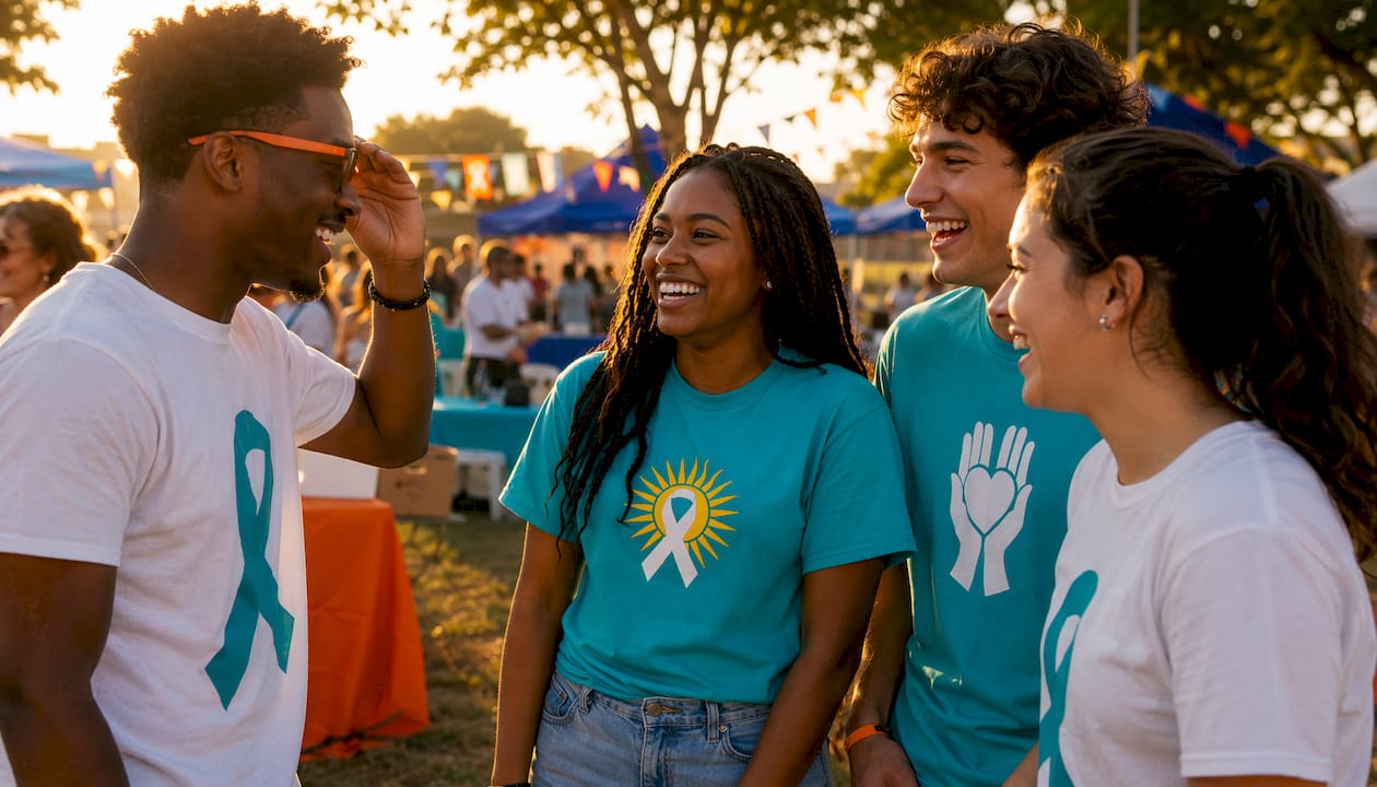 Group wearing fundraising apparel outdoors in park
