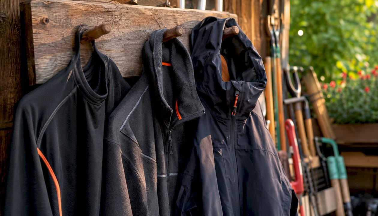 Three layers of branded construction apparel hanging