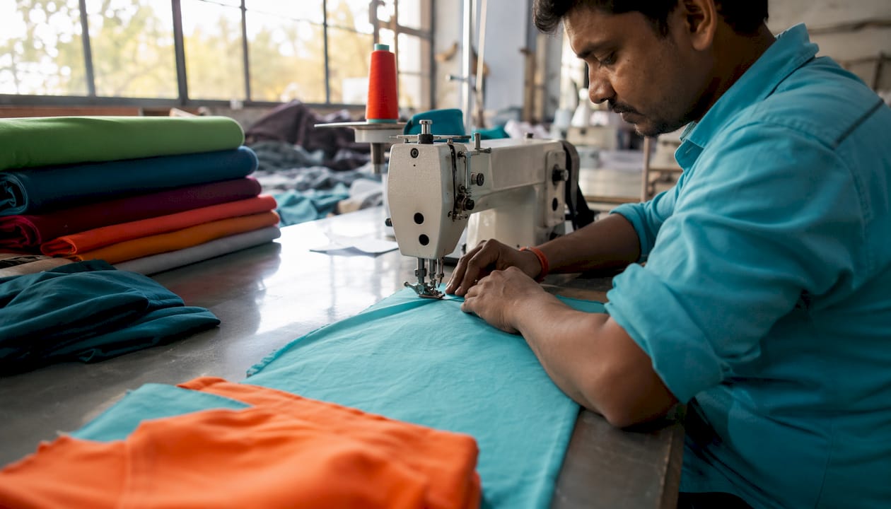 Factory worker pinning fabric panels