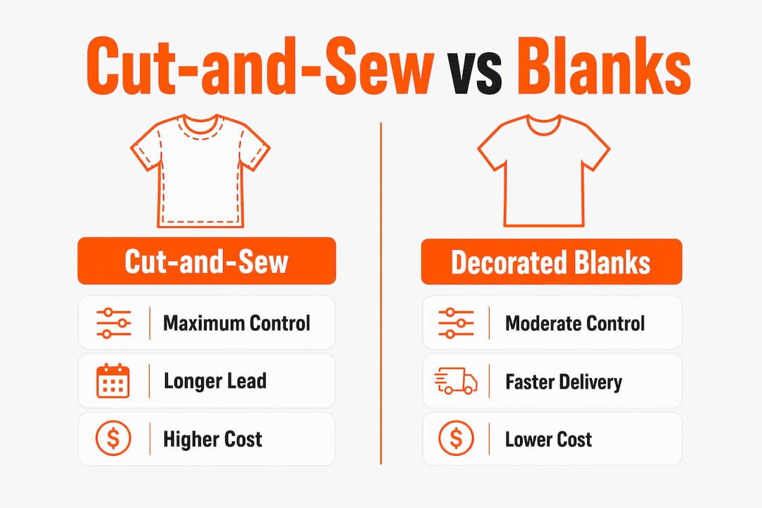 Comparison infographic of cut-and-sew versus blanks