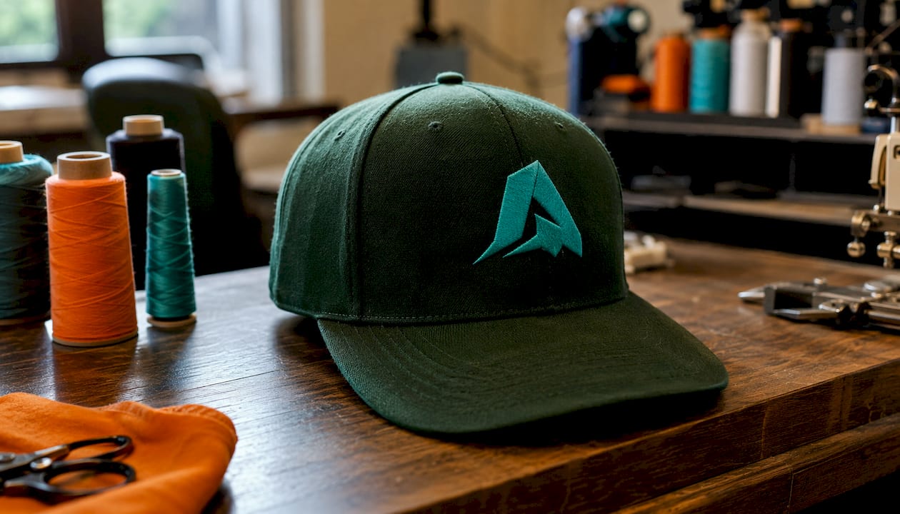 Close-up of structured six-panel embroidered baseball cap