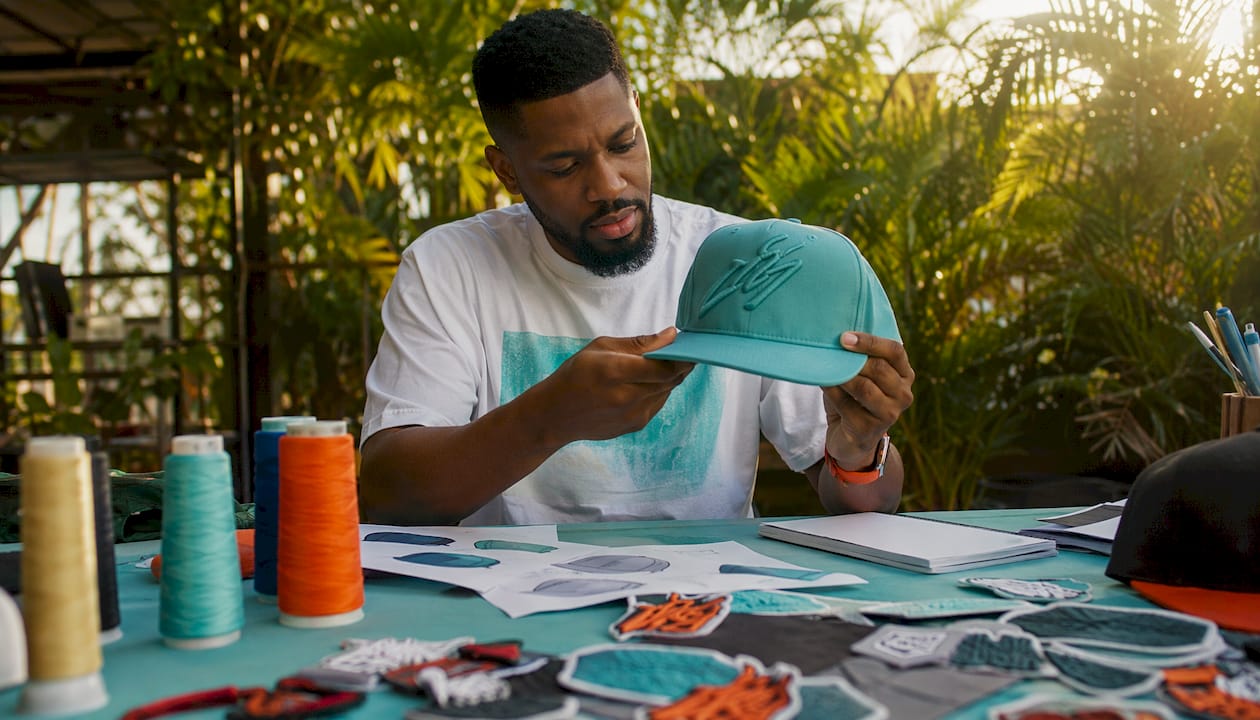 Designer examining 3D puff embroidered snapback