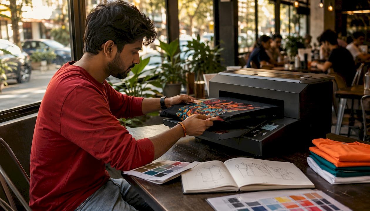Man preparing digital garment printer