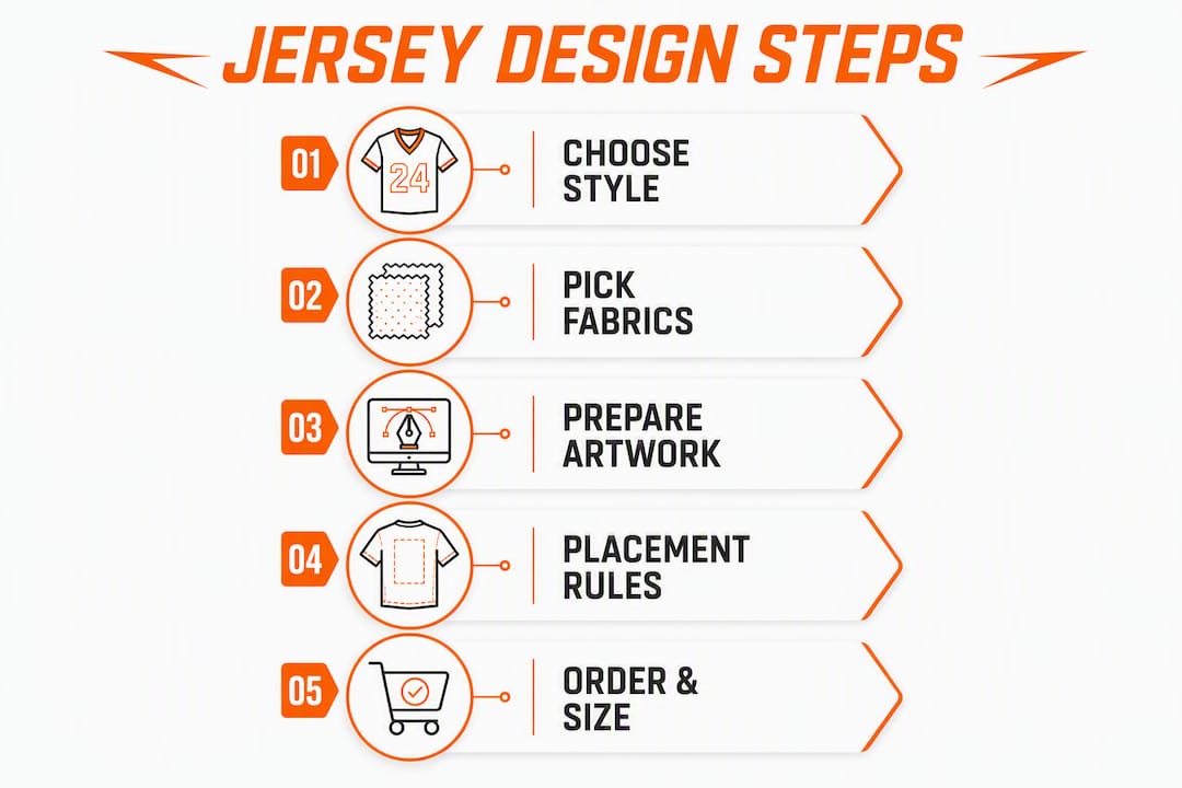 Infographic illustrating key basketball jersey design steps
