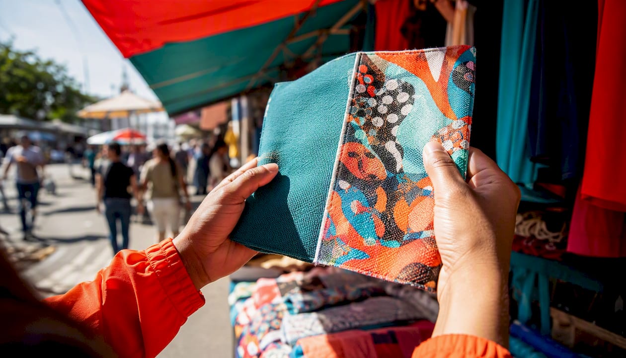 Hands holding fabric samples in sewing room