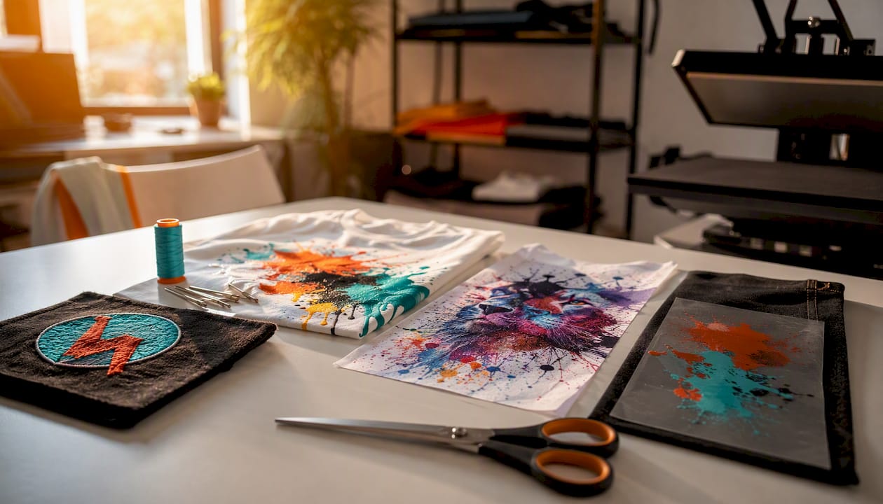 Overhead view of fabric swatches with decoration methods