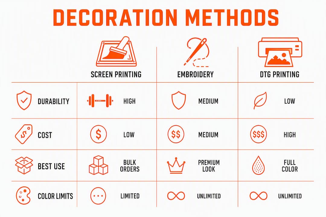 Infographic comparing custom apparel decoration methods