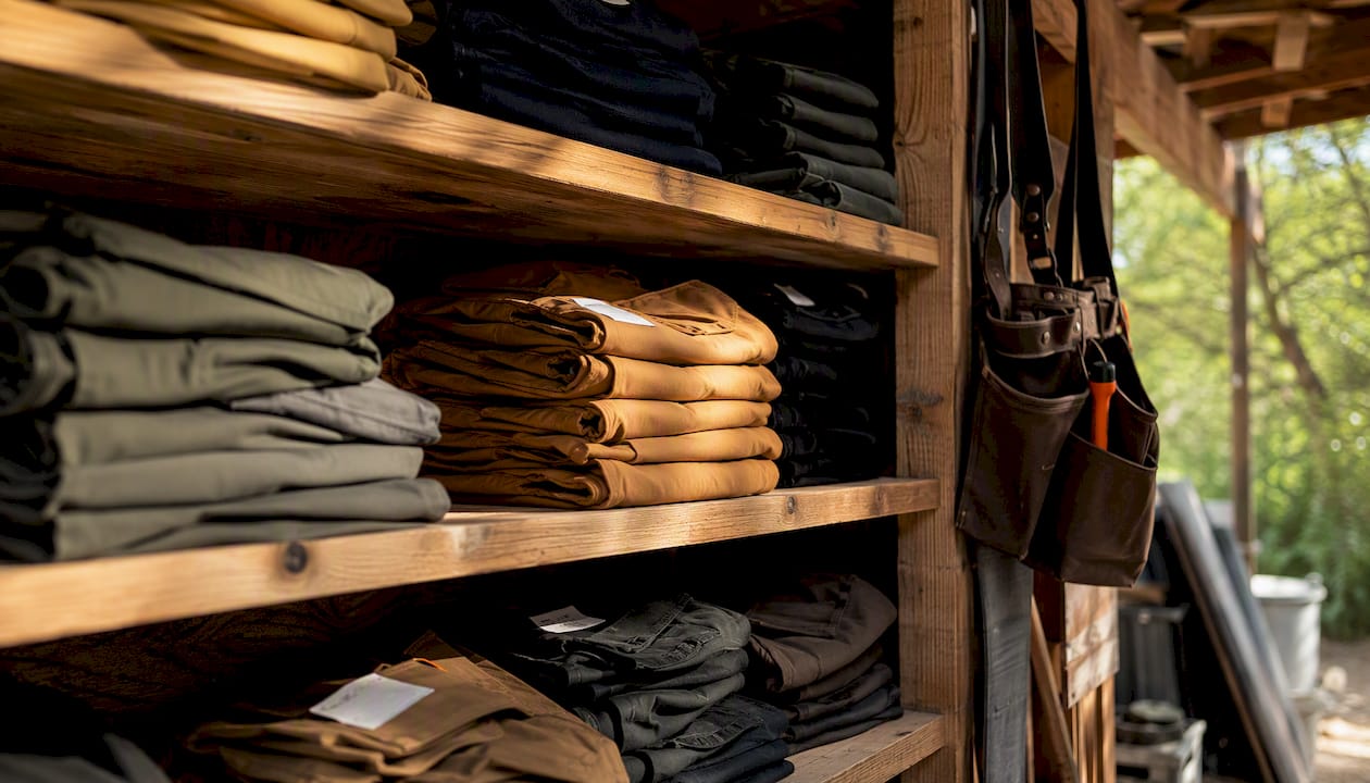 Organized contractor uniforms on storage shelves