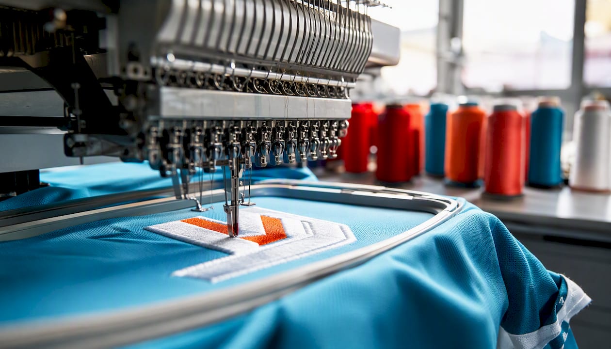 Embroidery machine stitching textured logo on sports cap