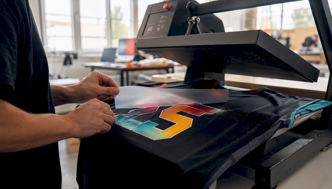 Applying direct-to-film transfer onto sports jersey with heat press