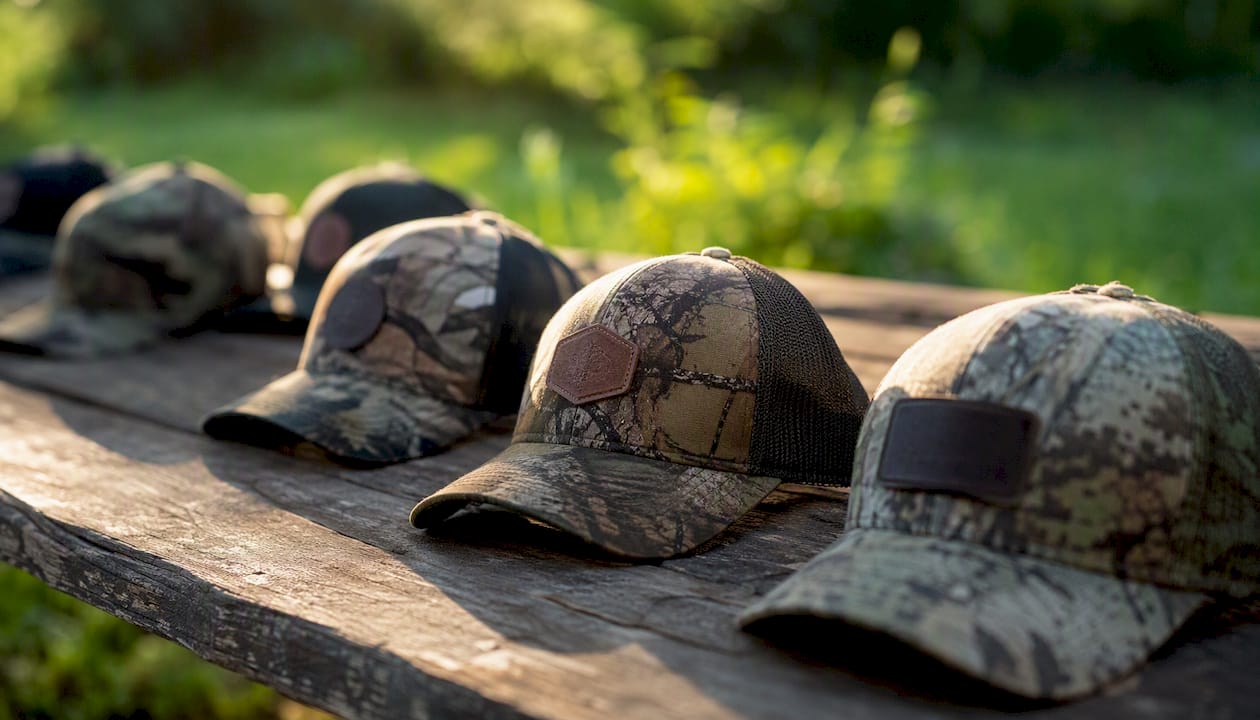 Camo hats with embroidery and patches