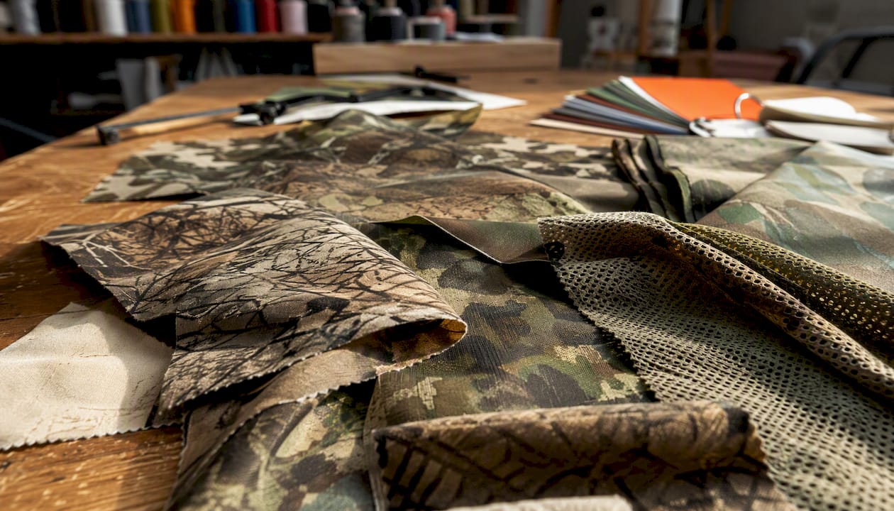 Close-up of camo hat fabric samples
