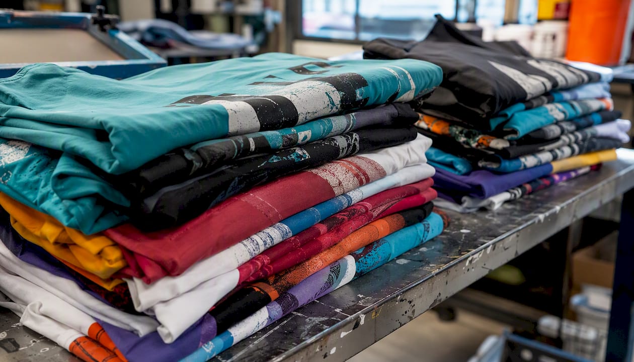 Stack of colorful printed shirts edges