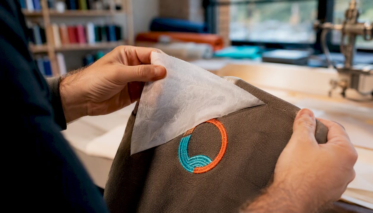 Hands tearing away embroidery stabilizer backing