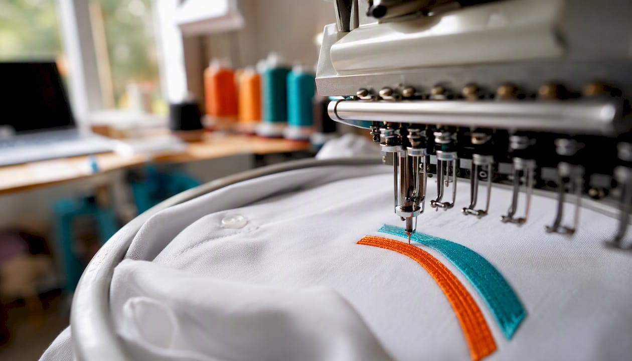 Embroidery machine stitching dress shirt logo