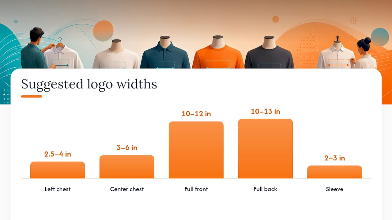 Diagram of logo placement zones, sizes, and measurements on shirts