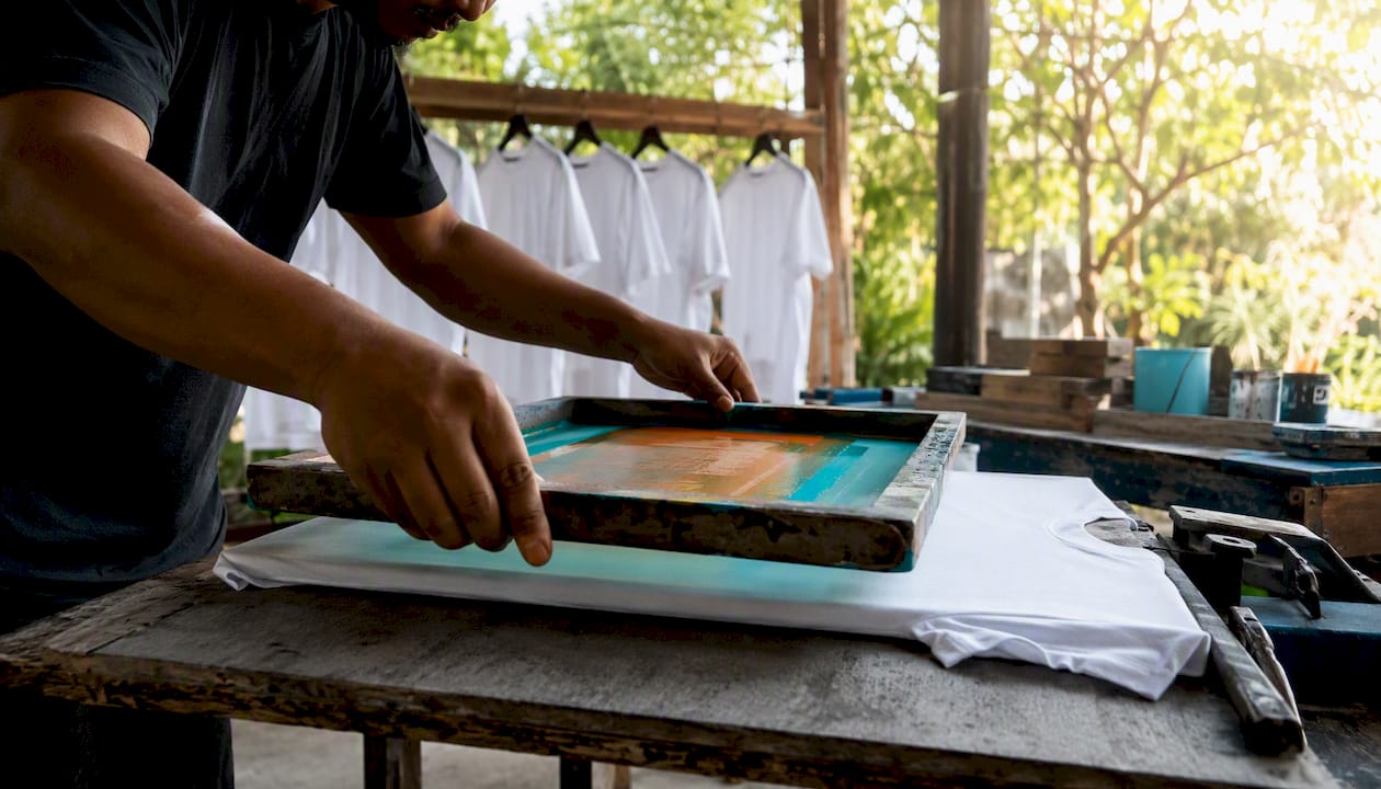 Technician aligning screen print frame on school T-shirt
