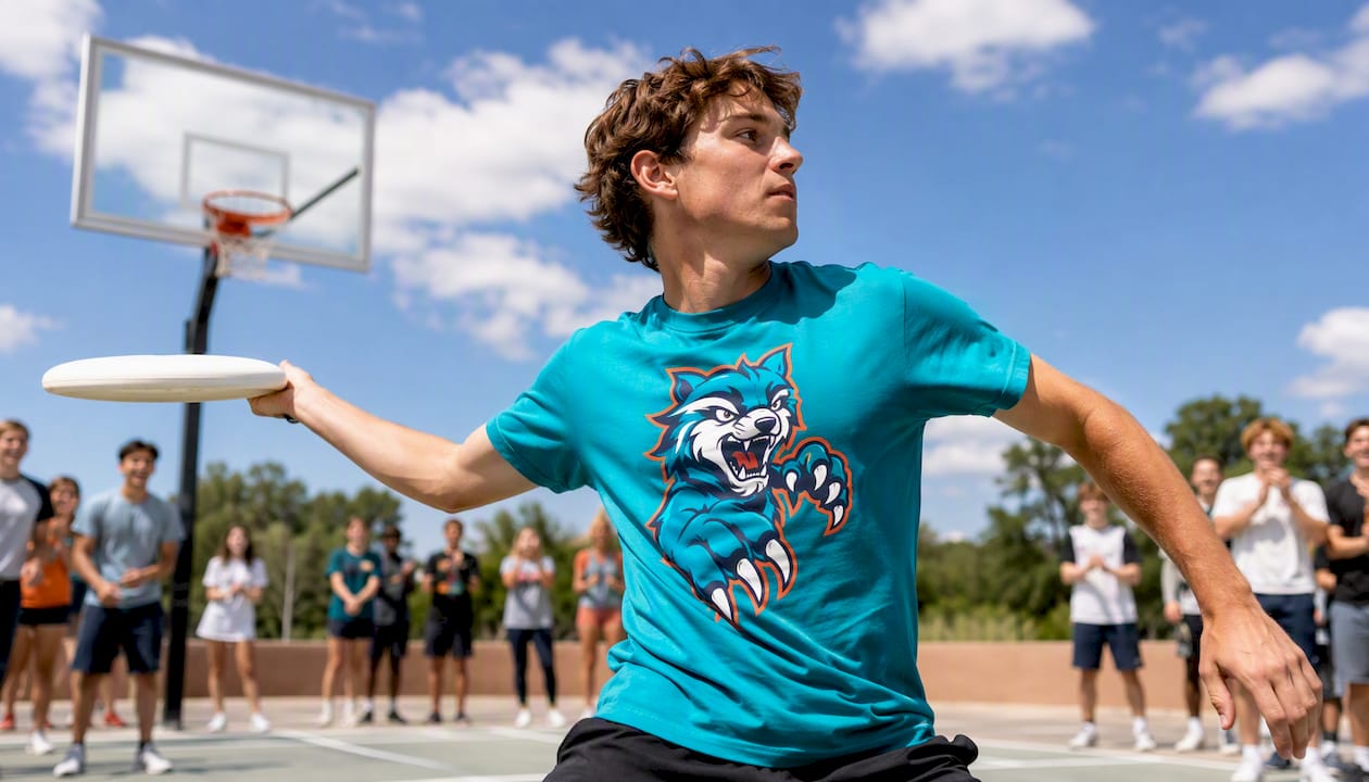 Student wearing mascot T-shirt playing frisbee outdoors