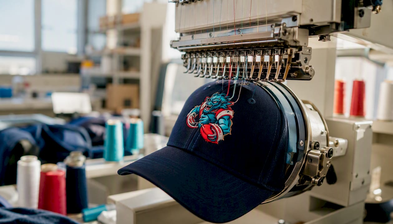 Embroidery machine stitching mascot logo on cap