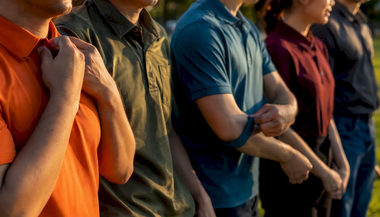Close views of employees wearing colored uniforms