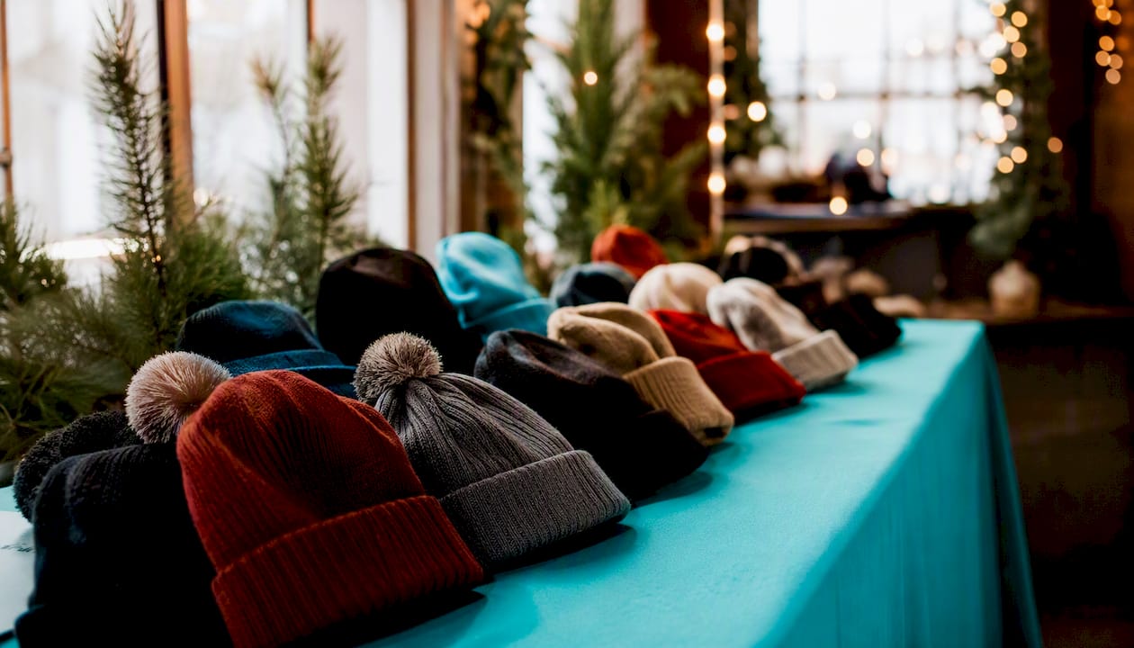 Stack of warm branded beanies on a rustic table