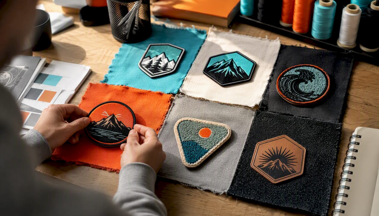 Six types of custom patches on fabric swatches